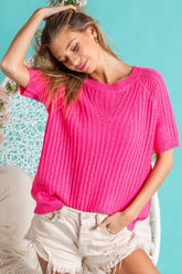 BiBi Women’s Textured Round Neck Short Sleeve Knit Top - Stylish & Versatile